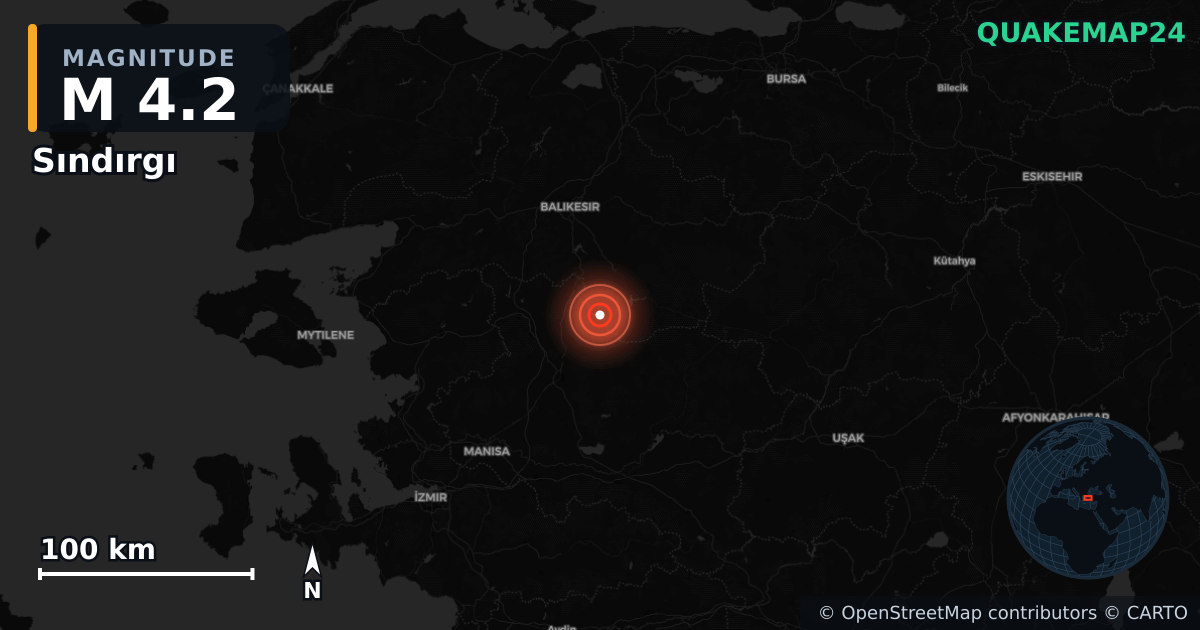 M4.2 earthquake near Sındırgı on Nov 3, 2025 — map of epicenter and shaking intensity | QuakeMap24