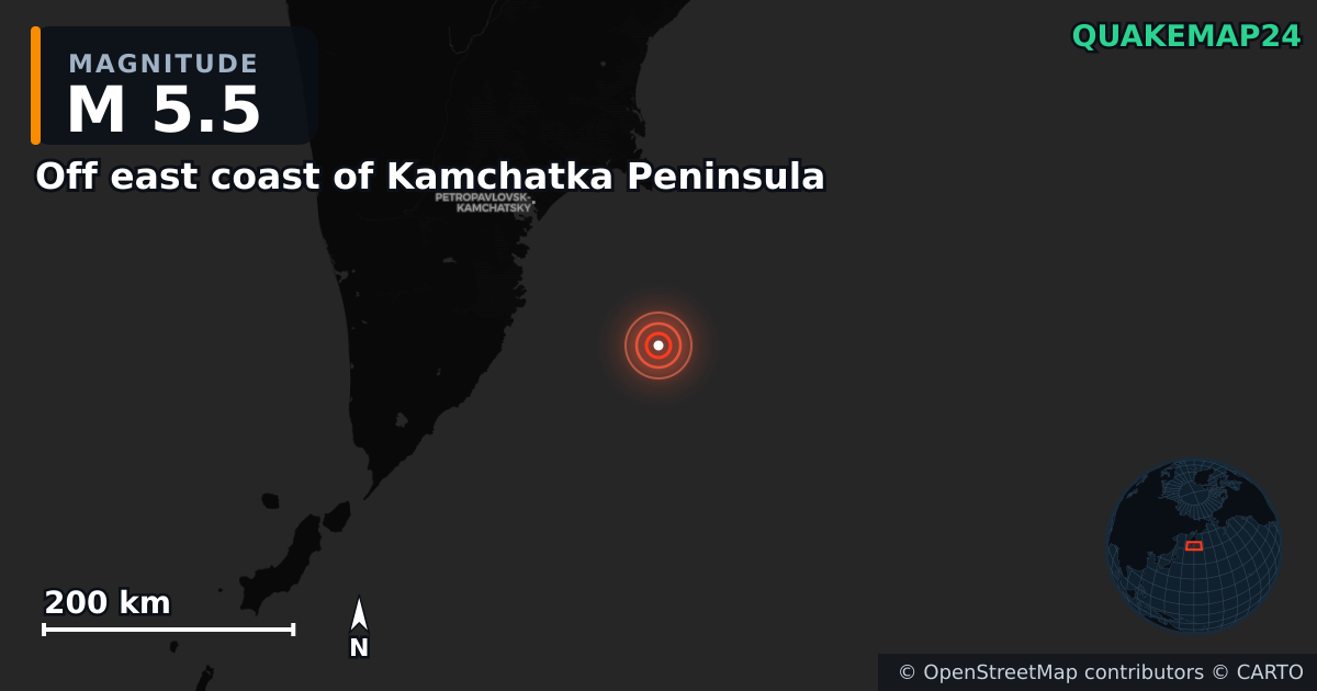M5.5 earthquake near Off east coast of Kamchatka Peninsula on Dec 15, 2025 — map of epicenter and shaking intensity | QuakeMap24
