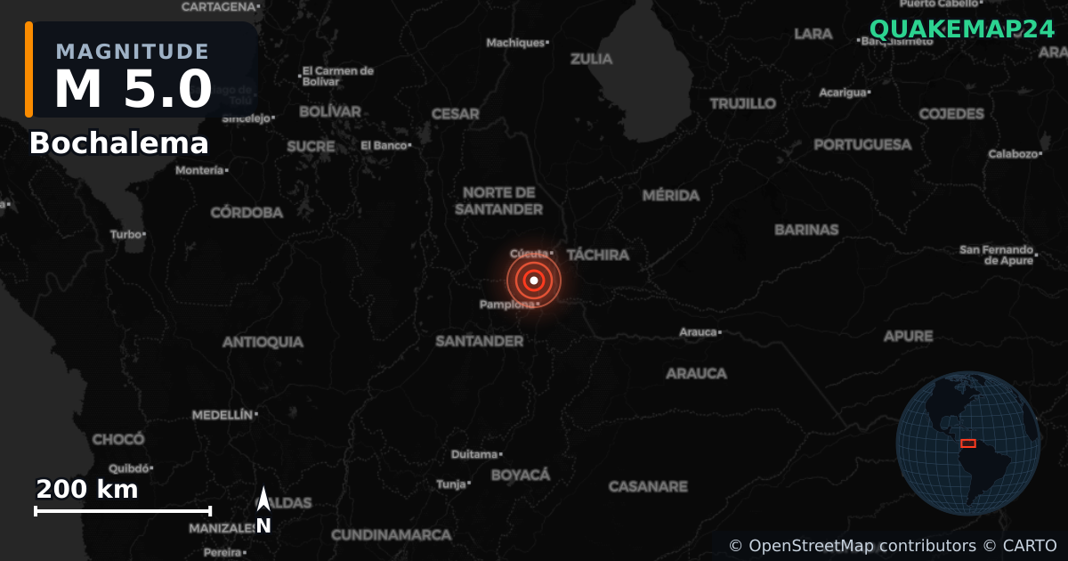 M5.0 earthquake near Bochalema on Mar 1, 2026 — map of epicenter and shaking intensity | QuakeMap24