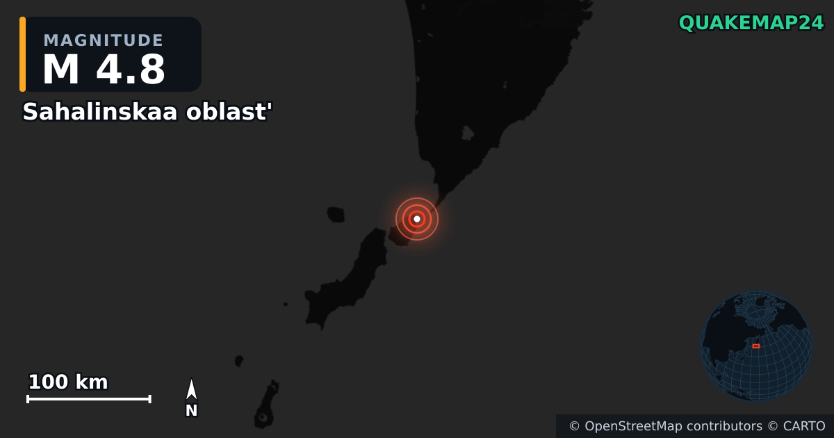 M4.8 earthquake near Sahalinskaa oblast' on May 11, 2025 — map of epicenter and shaking intensity | QuakeMap24