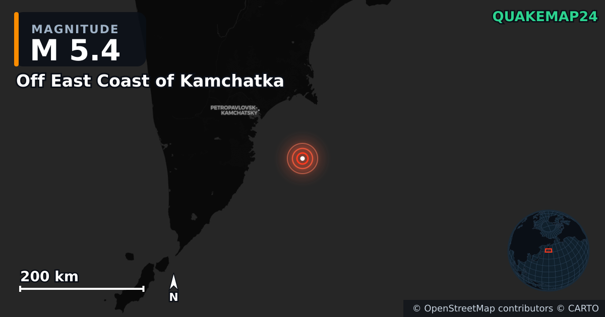 M5.4 earthquake near Off East Coast of Kamchatka on Sep 12, 2025 — map of epicenter and shaking intensity | QuakeMap24