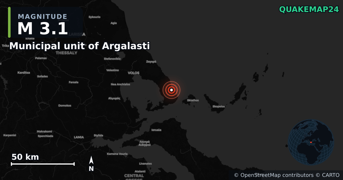 Sismo de M3,1 perto de Municipal unit of Argalasti, Thessaly (Grécia) · 2026-06-08 — Mapa da localização do epicentro