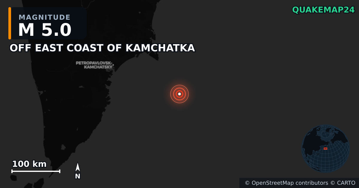 M5.0 earthquake near OFF EAST COAST OF KAMCHATKA on Jul 30, 2025 — map of epicenter and shaking intensity | QuakeMap24