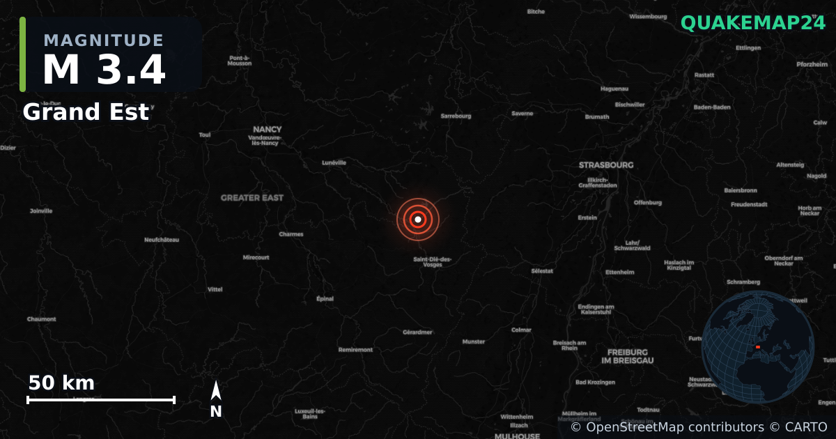M3.4 earthquake near Grand Est on Apr 23, 2025 — map of epicenter and shaking intensity | QuakeMap24