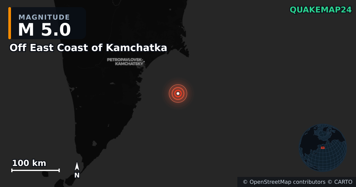 M5.0 earthquake near Off East Coast of Kamchatka on Aug 5, 2025 — map of epicenter and shaking intensity | QuakeMap24