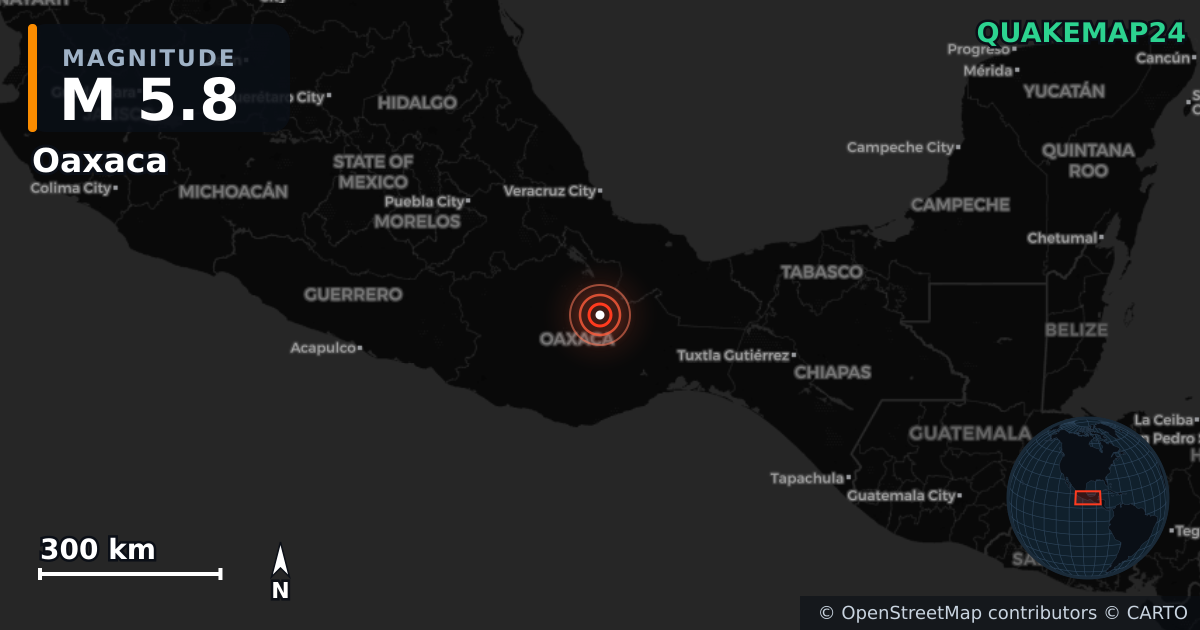 M5.8 earthquake near Oaxaca on Aug 2, 2025 — map of epicenter and shaking intensity | QuakeMap24