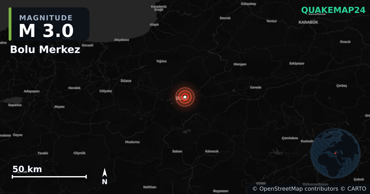 M3.0 earthquake near Bolu Merkez on Sep 26, 2025 — map of epicenter and shaking intensity | QuakeMap24