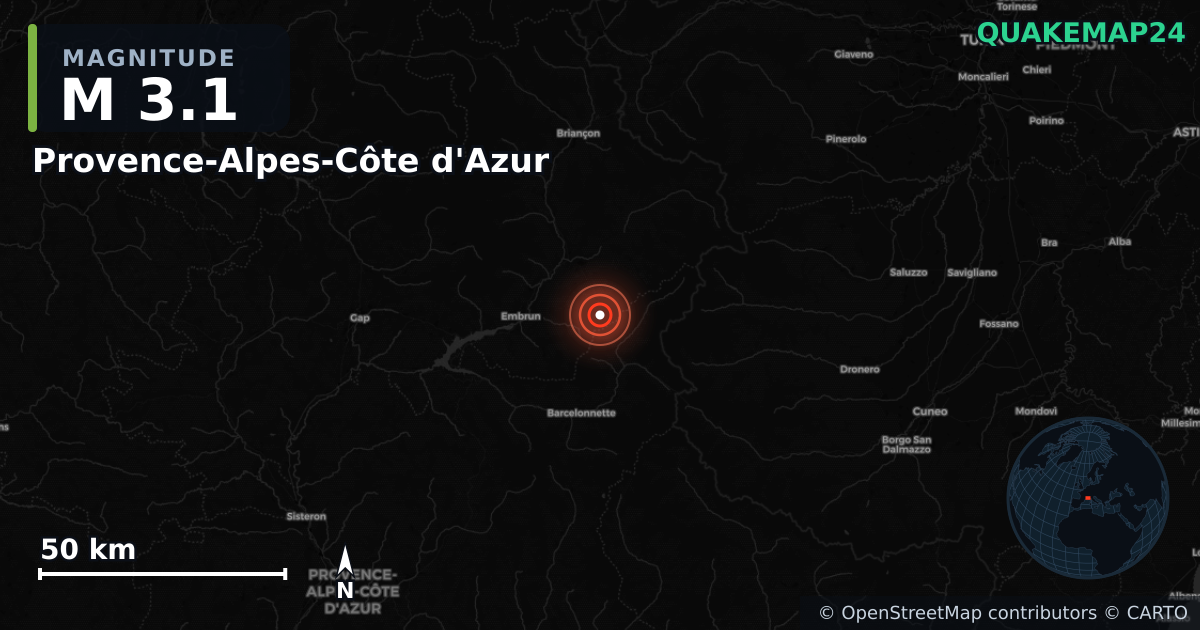 M3.1 earthquake near Provence-Alpes-Côte d'Azur on Nov 2, 2025 — map of epicenter and shaking intensity | QuakeMap24