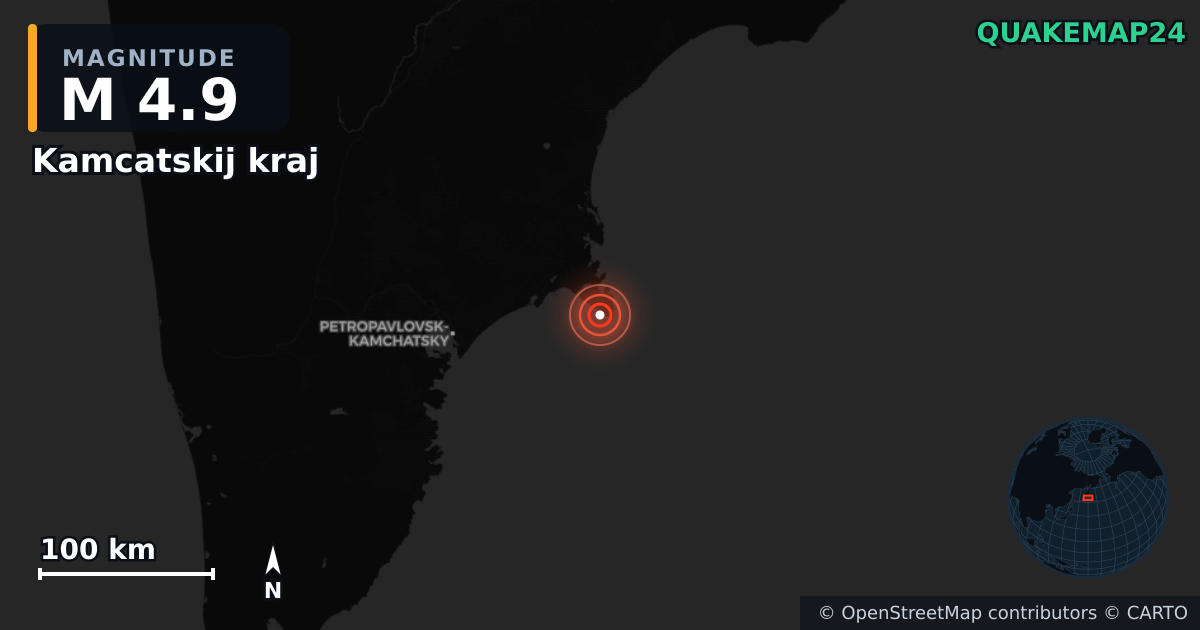 M4.9 earthquake near Kamcatskij kraj on Sep 19, 2025 — map of epicenter and shaking intensity | QuakeMap24