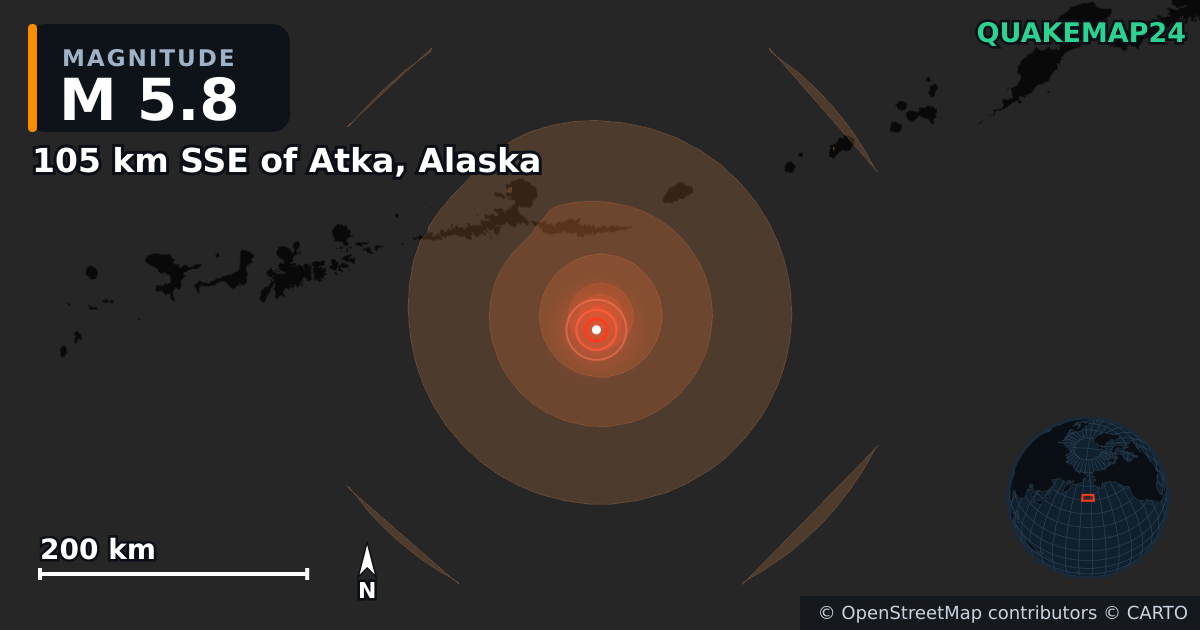 M5.8 earthquake near 105 km SSE of Atka, Alaska on Jul 26, 2026 — map of epicenter and shaking intensity | QuakeMap24