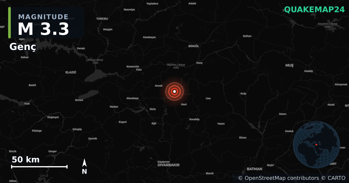 M3.3 earthquake near Genç on Sep 7, 2025 — map of epicenter and shaking intensity | QuakeMap24