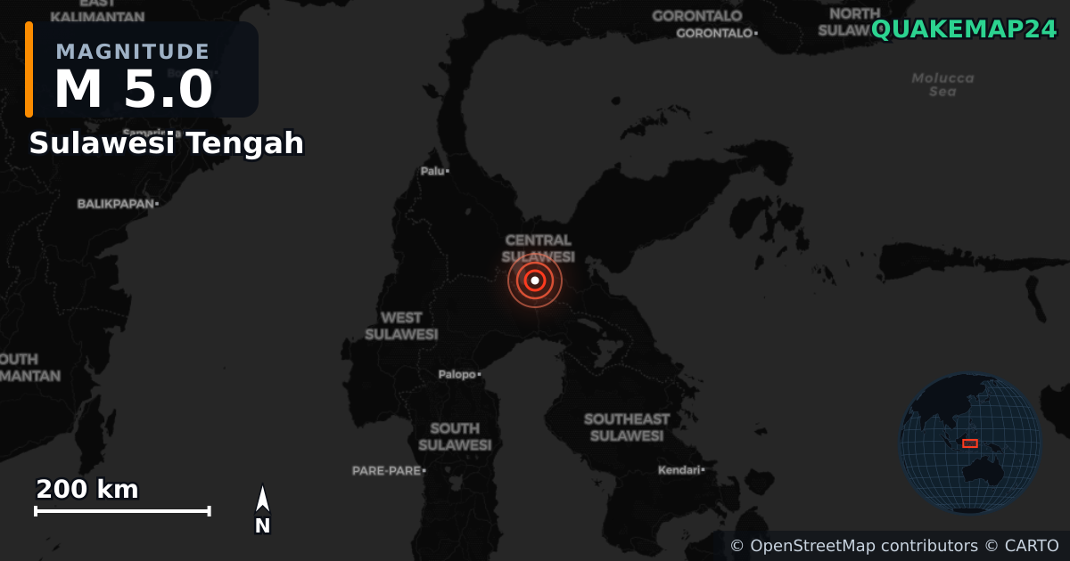 M5.0 earthquake near Sulawesi Tengah on Jul 14, 2025 — map of epicenter and shaking intensity | QuakeMap24