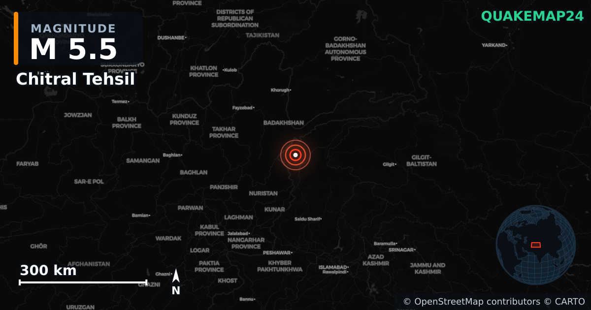 M5.5 earthquake near Chitral Tehsil on Apr 19, 2025 — map of epicenter and shaking intensity | QuakeMap24