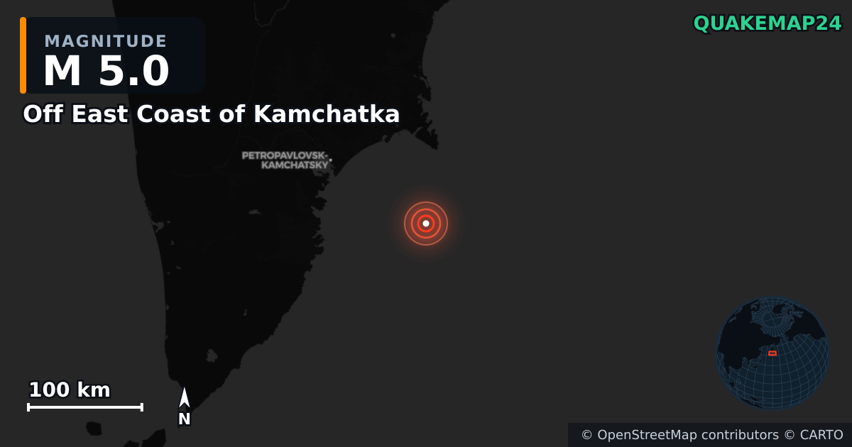 M5.0 earthquake near Off East Coast of Kamchatka on Jul 30, 2025 — map of epicenter and shaking intensity | QuakeMap24