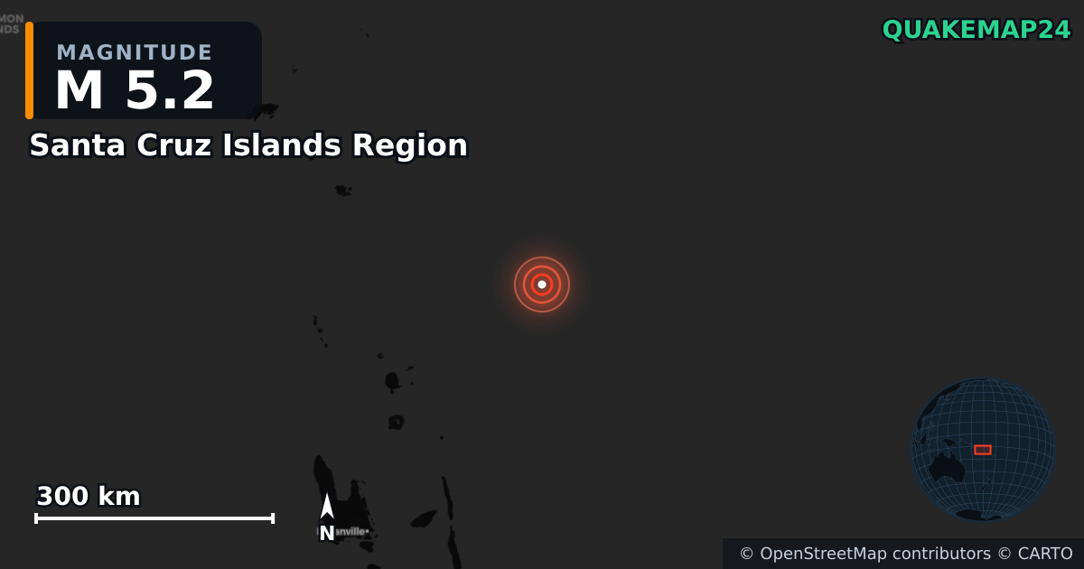 M5.2 earthquake near Santa Cruz Islands Region on Mar 31, 2026 — map of epicenter and shaking intensity | QuakeMap24