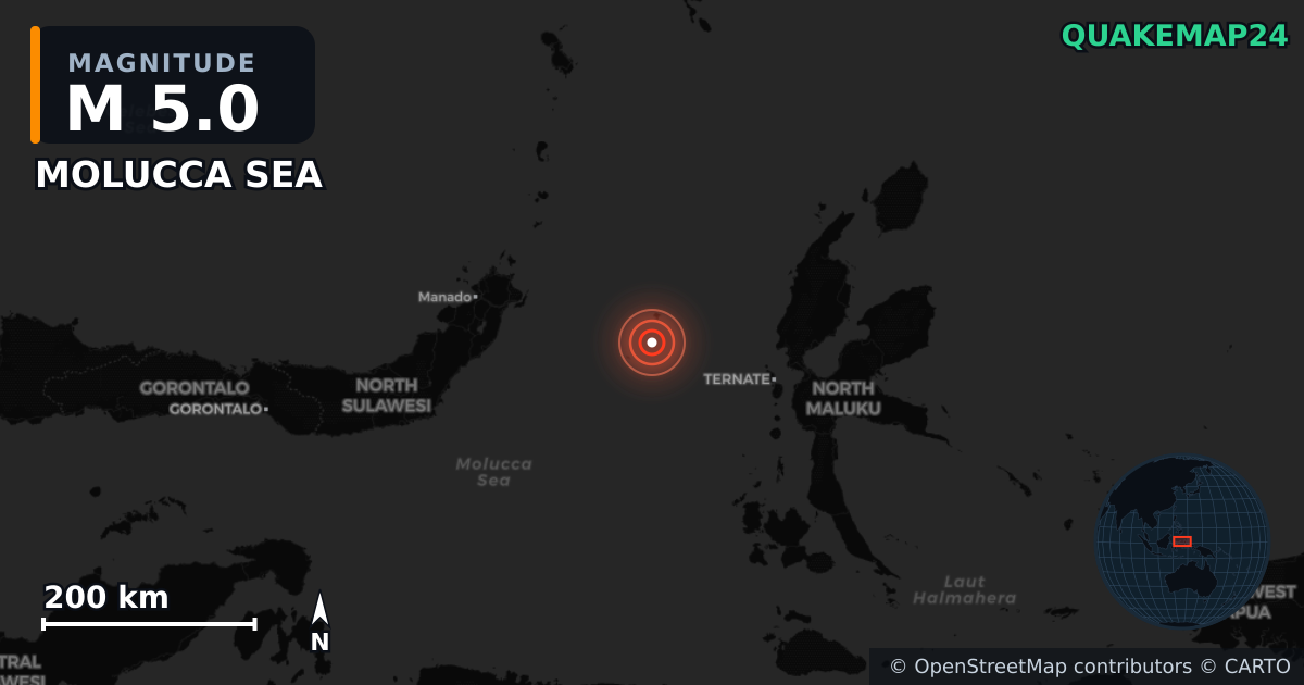 M5.0 earthquake near MOLUCCA SEA on Apr 2, 2026 — map of epicenter and shaking intensity | QuakeMap24