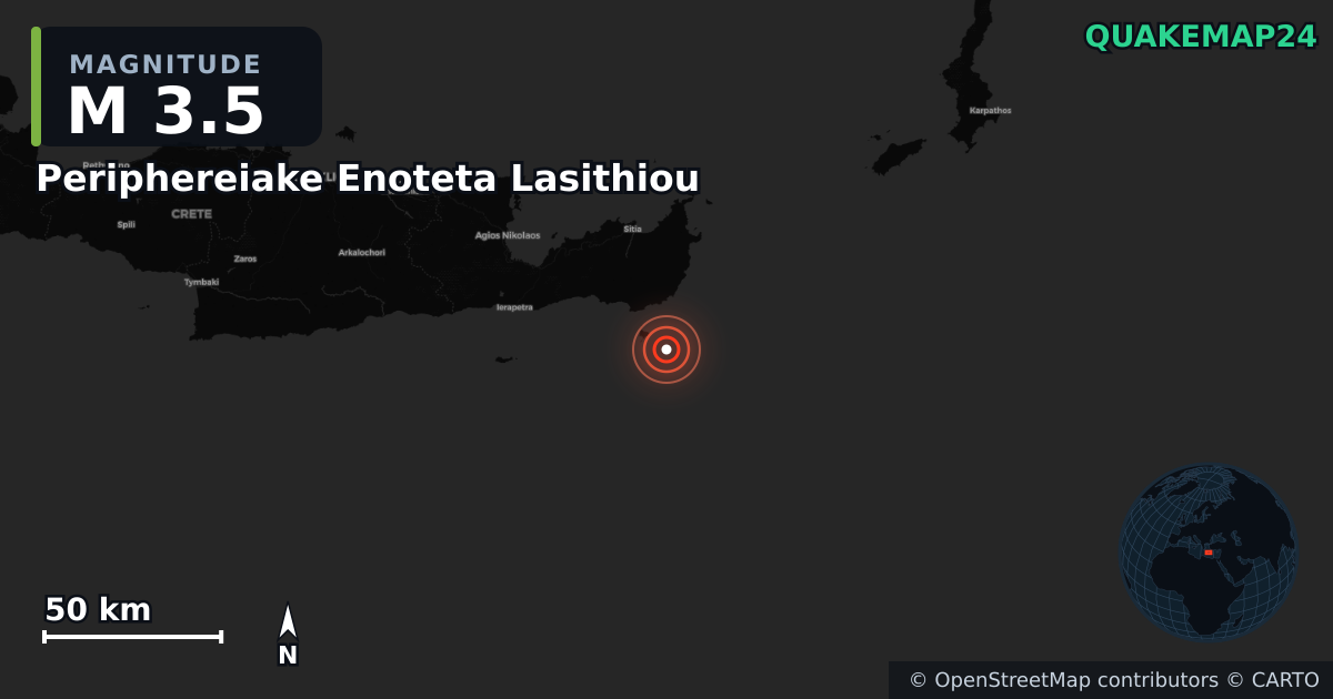 M3.5 earthquake near Periphereiake Enoteta Lasithiou on May 2, 2026 — map of epicenter and shaking intensity | QuakeMap24
