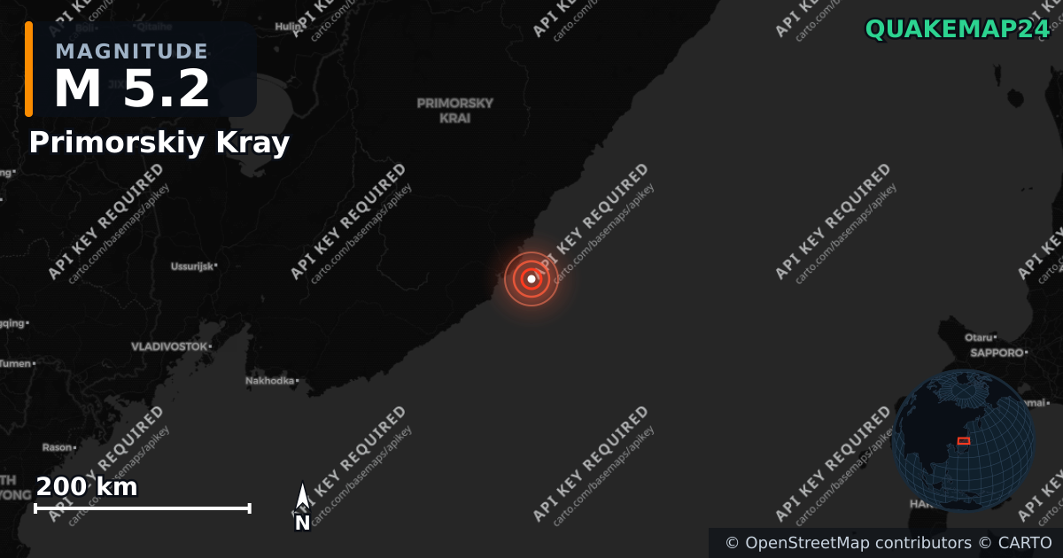 M5.2 earthquake near Primorskiy Kray on Jun 10, 2026 — map of epicenter and shaking intensity | QuakeMap24