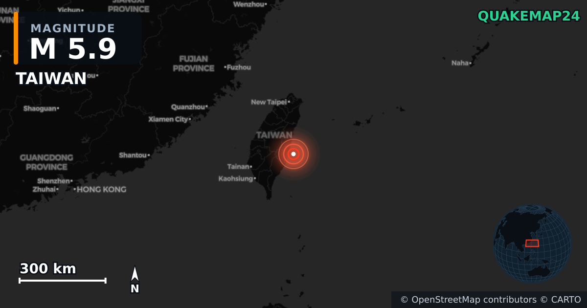 M5.9 earthquake near TAIWAN on Jun 11, 2025 — map of epicenter and shaking intensity | QuakeMap24