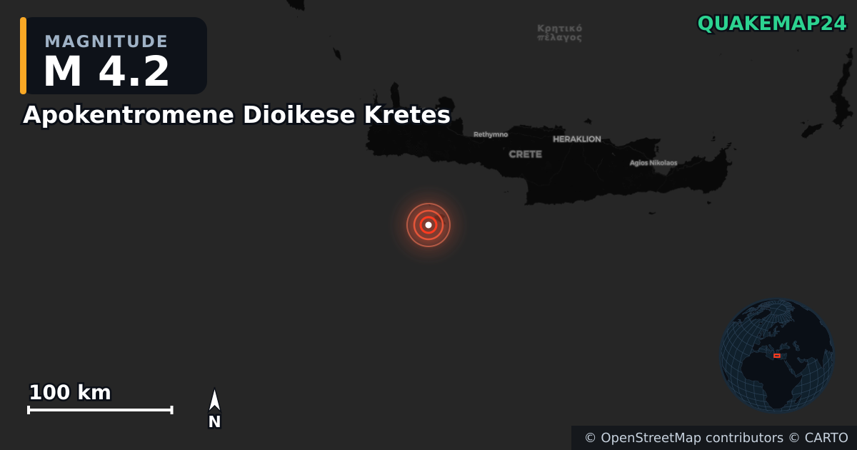 M4.2 earthquake near Apokentromene Dioikese Kretes on Sep 13, 2025 — map of epicenter and shaking intensity | QuakeMap24