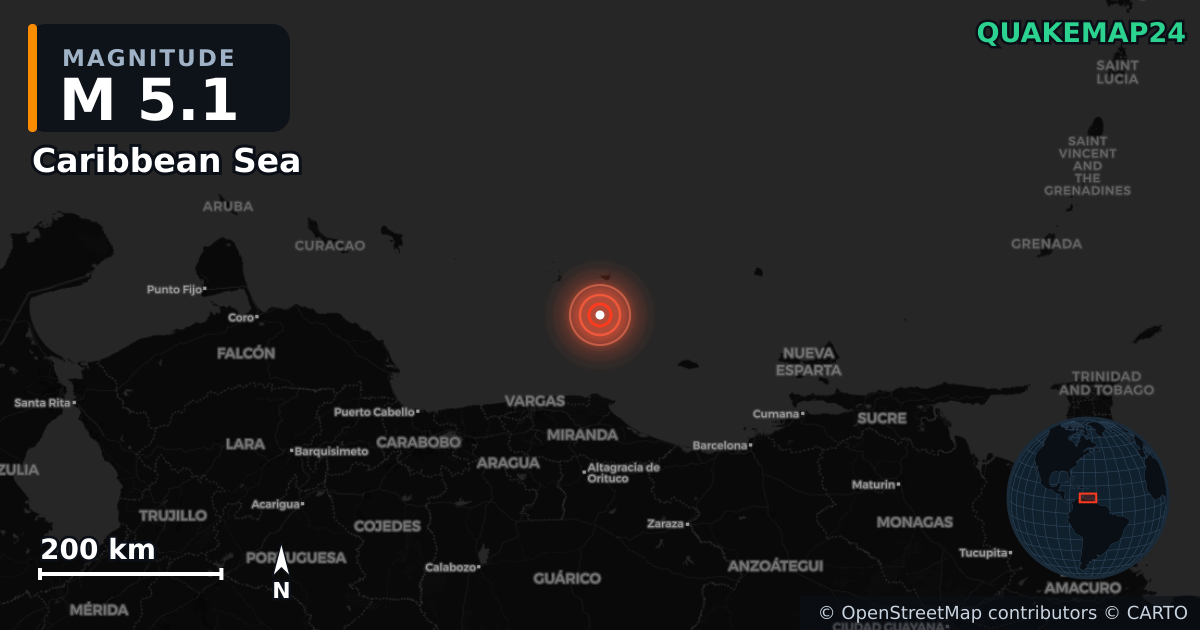 Caribbean Sea yakınında M5,1 deprem — Deprem merkez üssünün konumunu gösteren harita