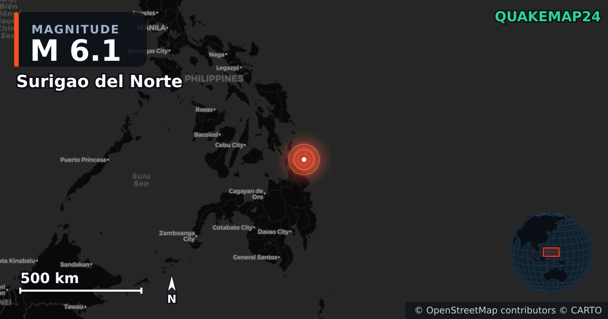M6.1 earthquake near Surigao del Norte on Oct 16, 2025 — map of epicenter and shaking intensity | QuakeMap24