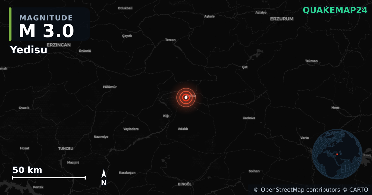 Sismo de M3,0 perto de Yedisu, Bingöl (Turquia) · 2026-06-22 — Mapa da localização do epicentro