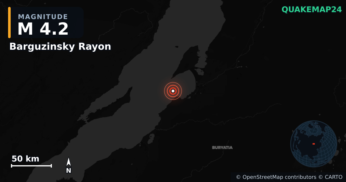 M4.2 earthquake near Barguzinsky Rayon on Aug 21, 2026 — map of epicenter and shaking intensity | QuakeMap24