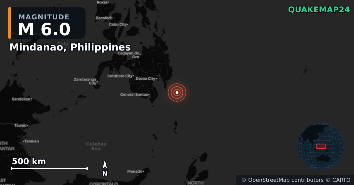 M6.0 Earthquake near Mindanao, Philippines · 2026-06-15 — Map showing the location of the epicenter