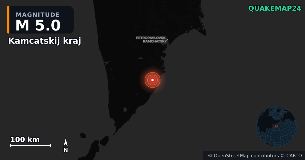 M5.0 earthquake near Kamcatskij kraj on Sep 22, 2025 — map of epicenter and shaking intensity | QuakeMap24