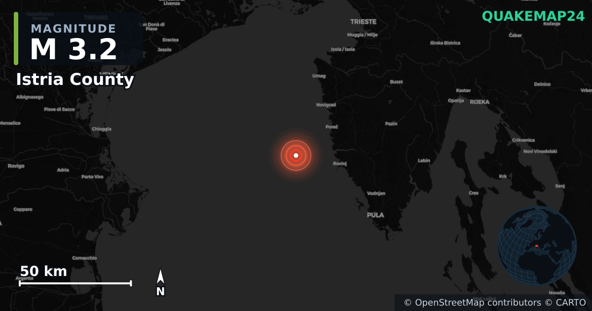 M3.2 earthquake near Istria County on Jun 8, 2026 — map of epicenter and shaking intensity | QuakeMap24