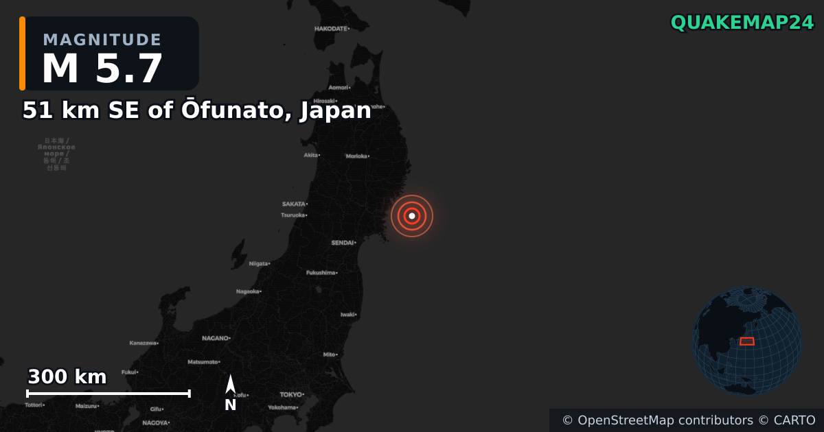 M5.7 earthquake near 51 km SE of Ōfunato, Japan on Aug 21, 2025 — map of epicenter and shaking intensity | QuakeMap24