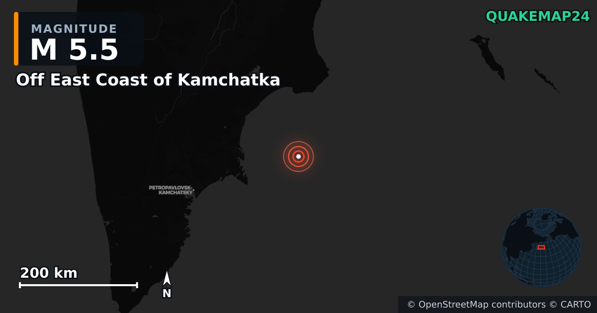M5.5 earthquake near Off East Coast of Kamchatka on Oct 18, 2025 — map of epicenter and shaking intensity | QuakeMap24