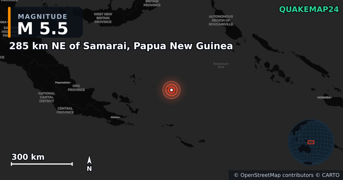 285 km NE of Samarai, Papua New Guinea yakınında M5,5 deprem — Deprem merkez üssünün konumunu gösteren harita