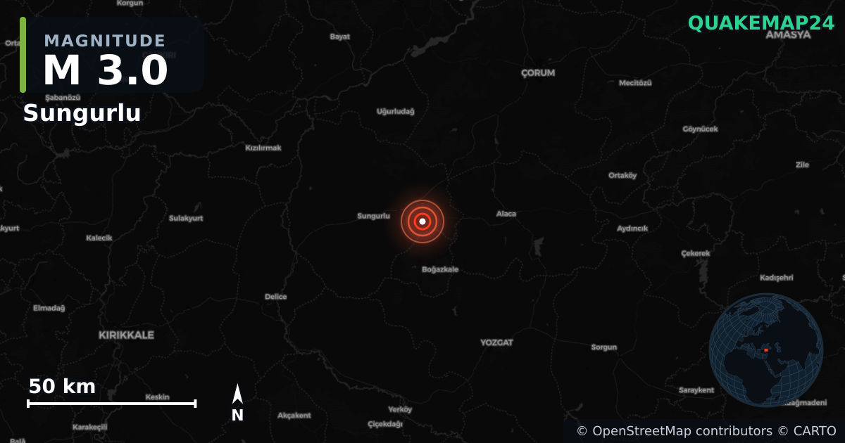 M3.0 earthquake near Sungurlu on Jul 10, 2025 — map of epicenter and shaking intensity | QuakeMap24