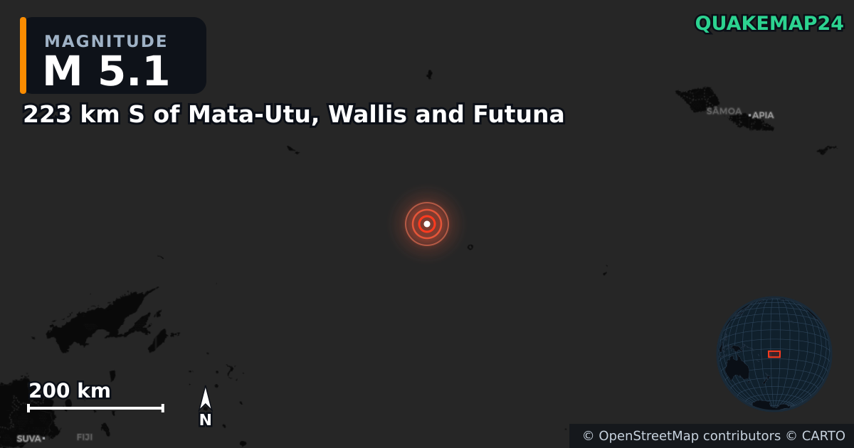 M5.1 earthquake near 223 km S of Mata-Utu, Wallis and Futuna on Jun 13, 2025 — map of epicenter and shaking intensity | QuakeMap24