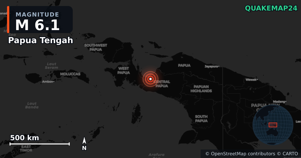 M6.1 earthquake near Papua Tengah on Sep 18, 2025 — map of epicenter and shaking intensity | QuakeMap24