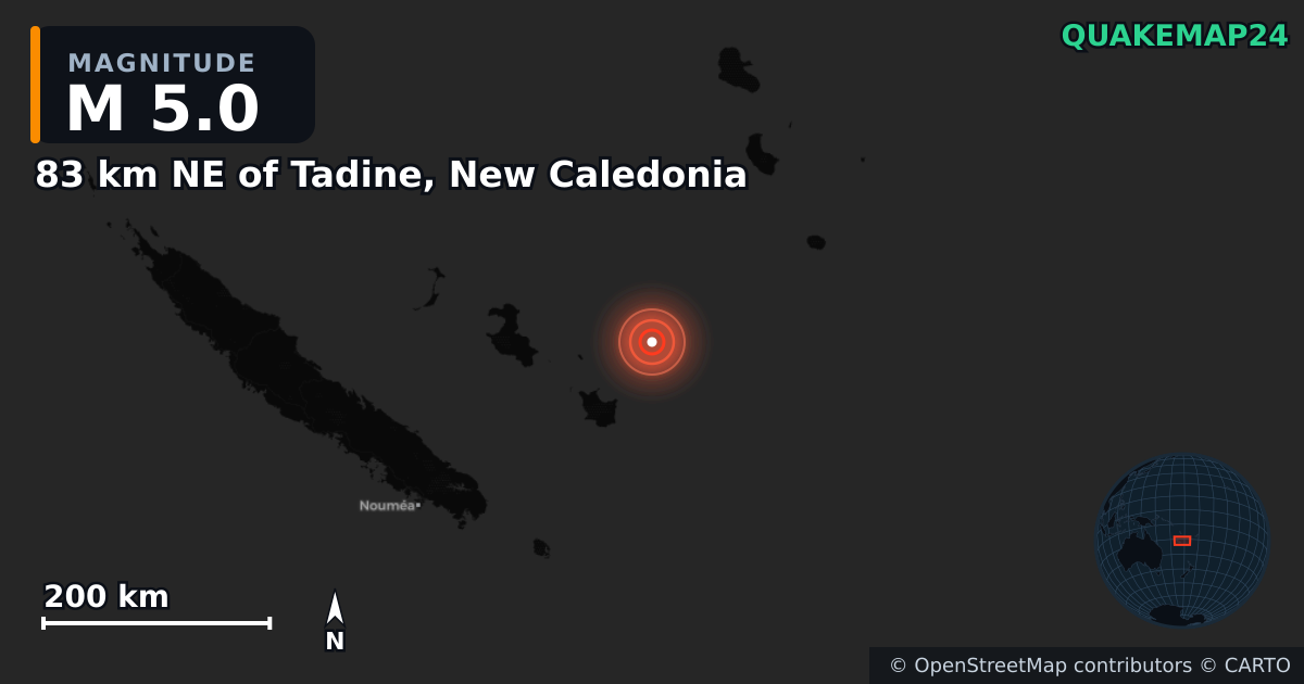 Séisme de M5,0 près de 83 km NE of Tadine, New Caledonia · 2026-09-30 — Carte de localisation de l’épicentre