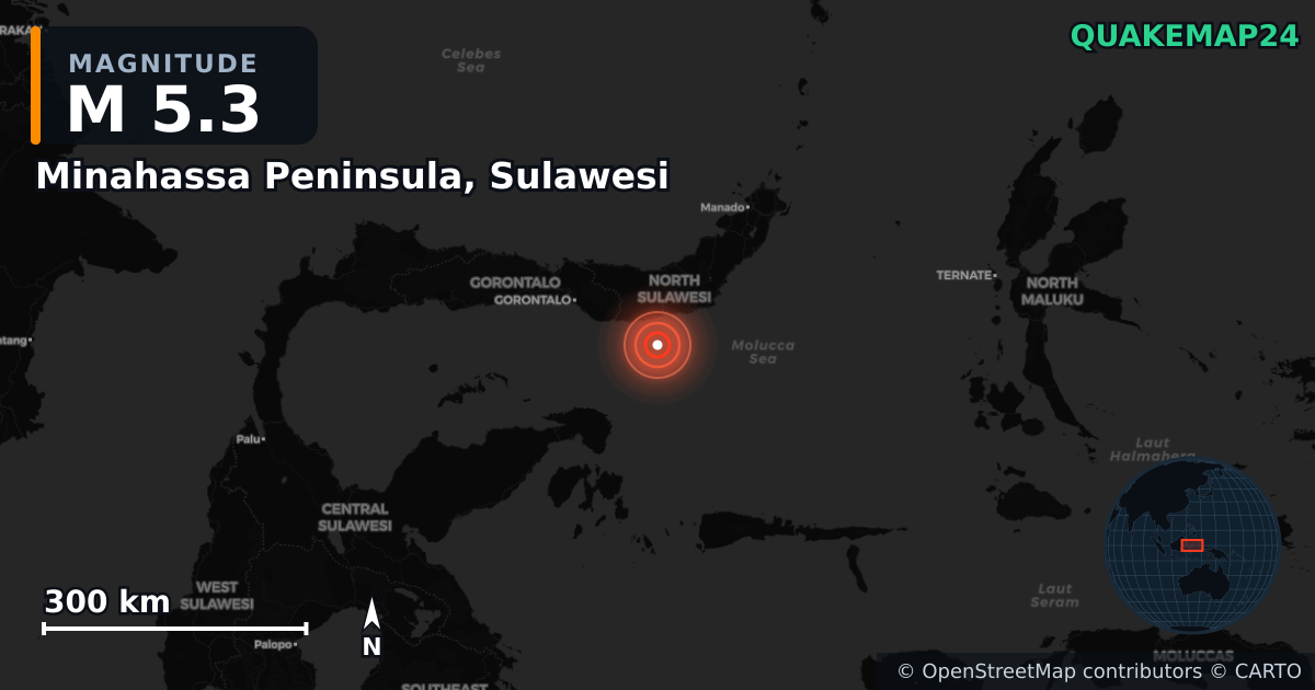 Minahassa Peninsula, Sulawesi yakınında M5,3 deprem · 2026-04-17 — Deprem merkez üssünün konumunu gösteren harita