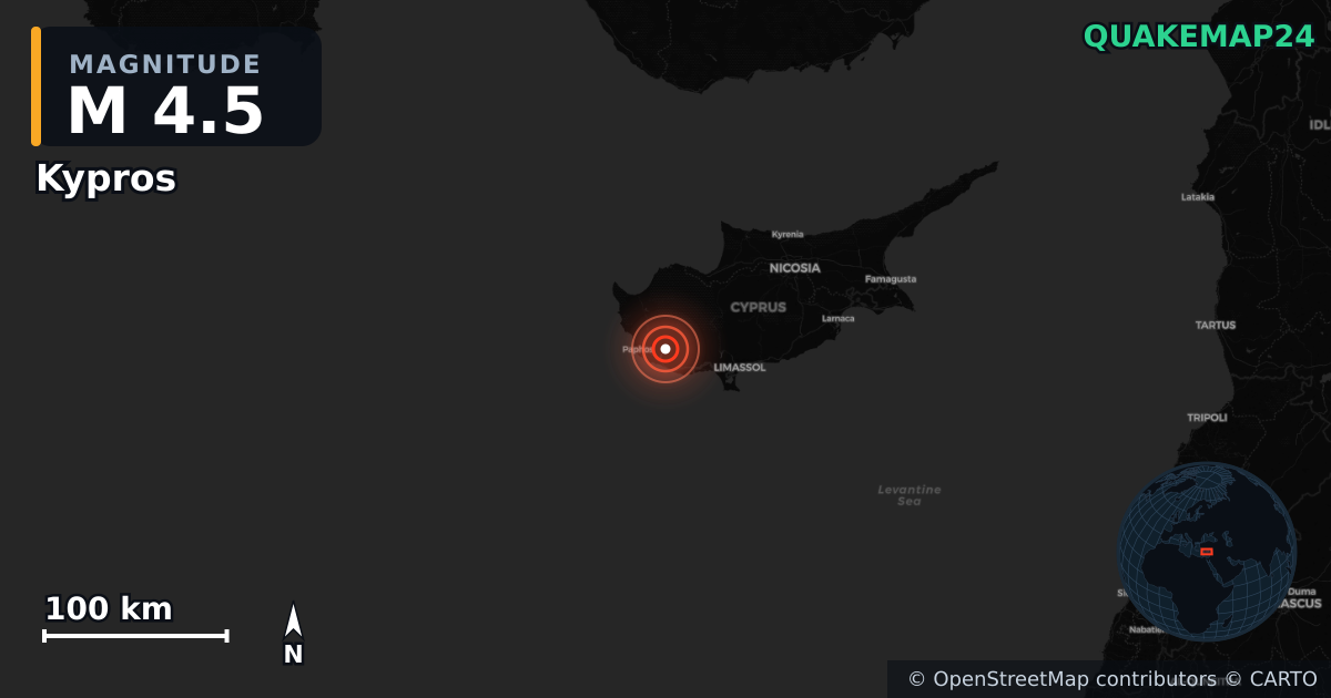 M4.5 earthquake near Kypros on Nov 13, 2025 — map of epicenter and shaking intensity | QuakeMap24