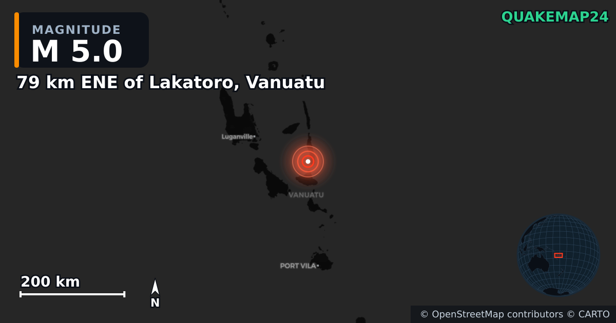 M5.0 earthquake near 79 km ENE of Lakatoro, Vanuatu on Mar 28, 2025 — map of epicenter and shaking intensity | QuakeMap24