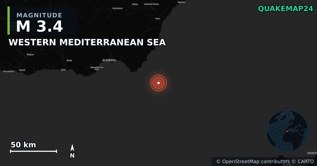 WESTERN MEDITERRANEAN SEA yakınında M3,4 deprem · 2025-07-14 — Deprem merkez üssünün konumunu gösteren harita