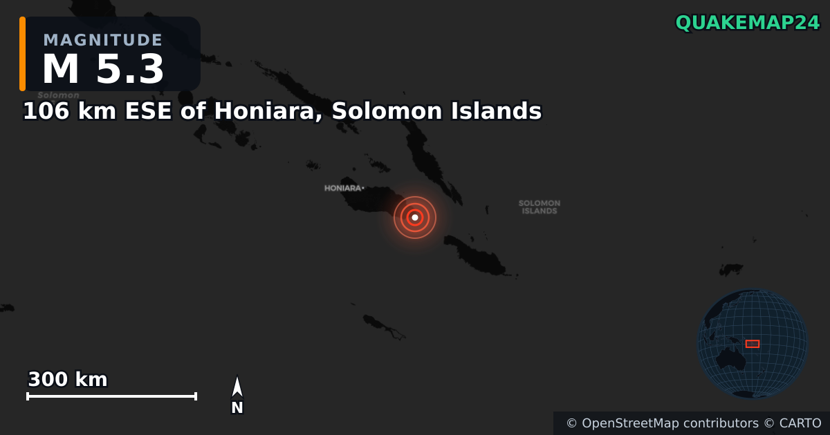 M5.3 earthquake near 106 km ESE of Honiara, Solomon Islands on Mar 4, 2025 — map of epicenter and shaking intensity | QuakeMap24