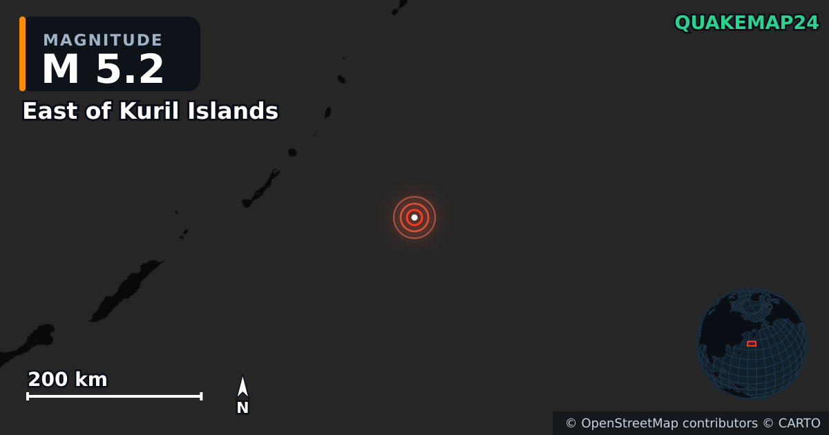 M5.2 earthquake near East of Kuril Islands on Mar 17, 2026 — map of epicenter and shaking intensity | QuakeMap24