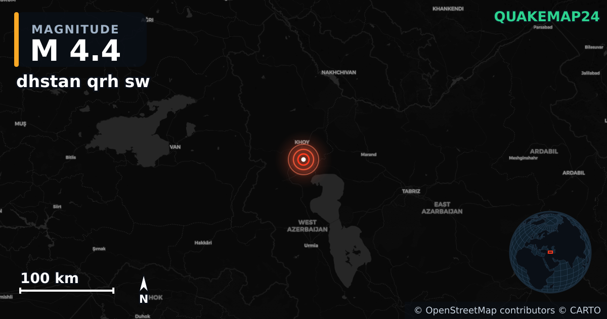 M4.4 earthquake near dhstan qrh sw on May 8, 2026 — map of epicenter and shaking intensity | QuakeMap24