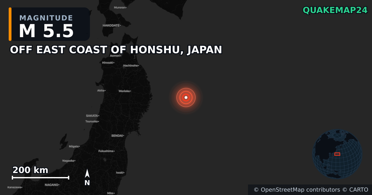 M5.5 earthquake near OFF EAST COAST OF HONSHU, JAPAN on Nov 9, 2025 — map of epicenter and shaking intensity | QuakeMap24
