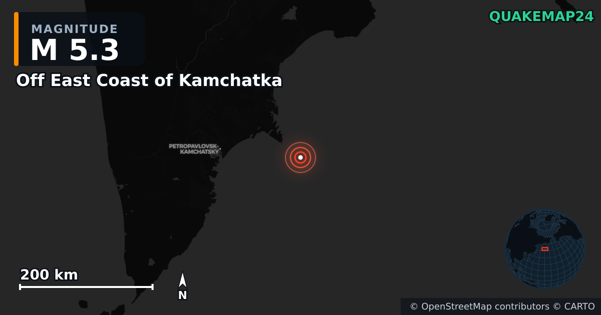 M5.3 earthquake near Off East Coast of Kamchatka on Sep 19, 2025 — map of epicenter and shaking intensity | QuakeMap24
