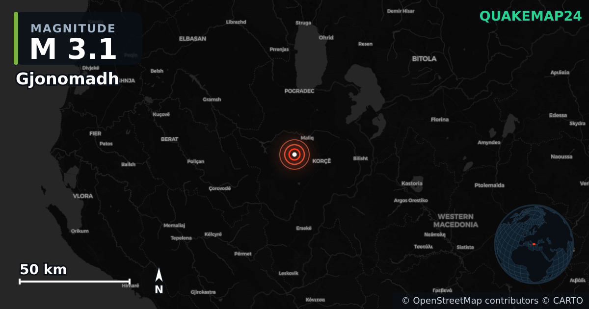 M3.1 earthquake near Gjonomadh on Jun 29, 2026 — map of epicenter and shaking intensity | QuakeMap24