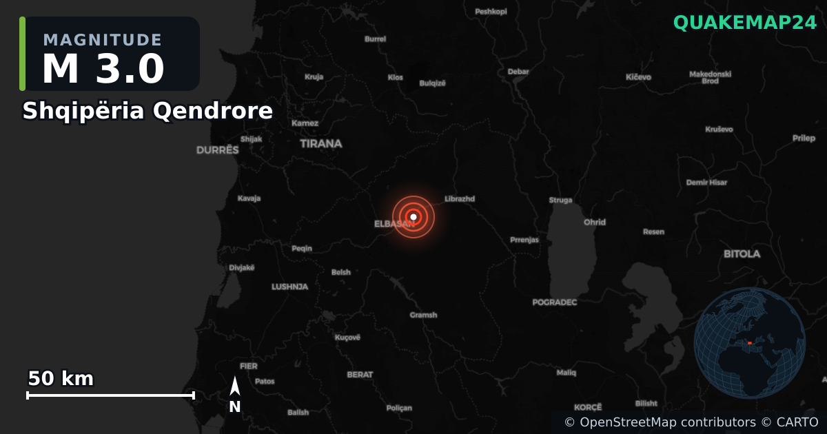 M3.0 earthquake near Shqipëria Qendrore on Oct 15, 2025 — map of epicenter and shaking intensity | QuakeMap24