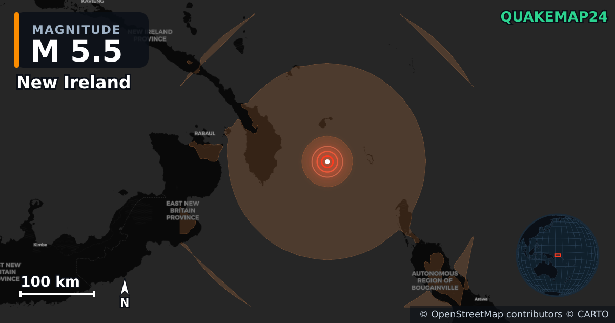 M5.5 earthquake near New Ireland on Sep 5, 2026 — map of epicenter and shaking intensity | QuakeMap24